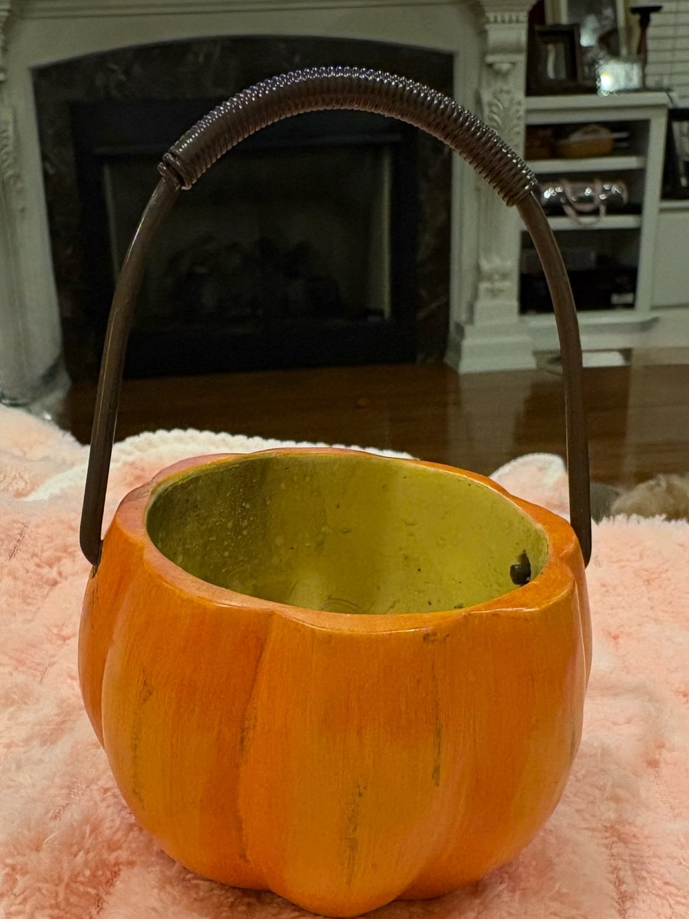 Russ Berrie Orange Pumpkin Basket with Dark Brown Handle